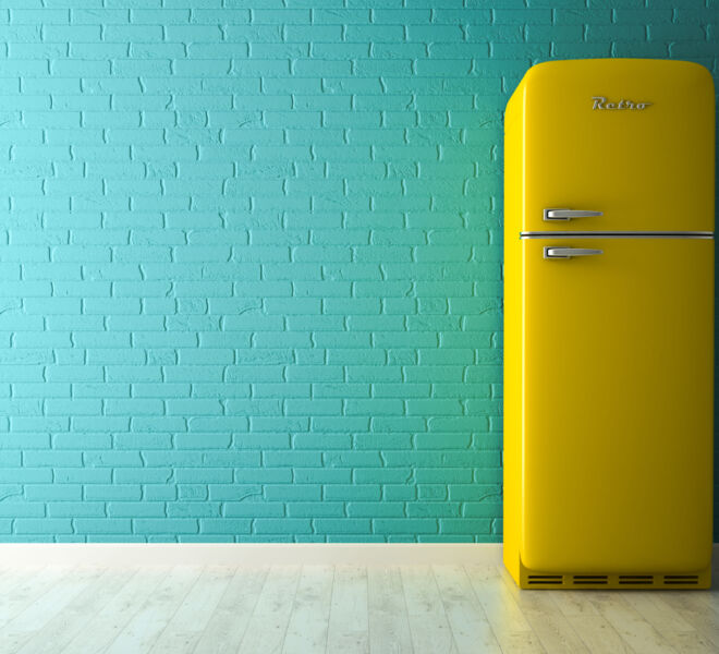 Interior with yellow fridge 3D rendering